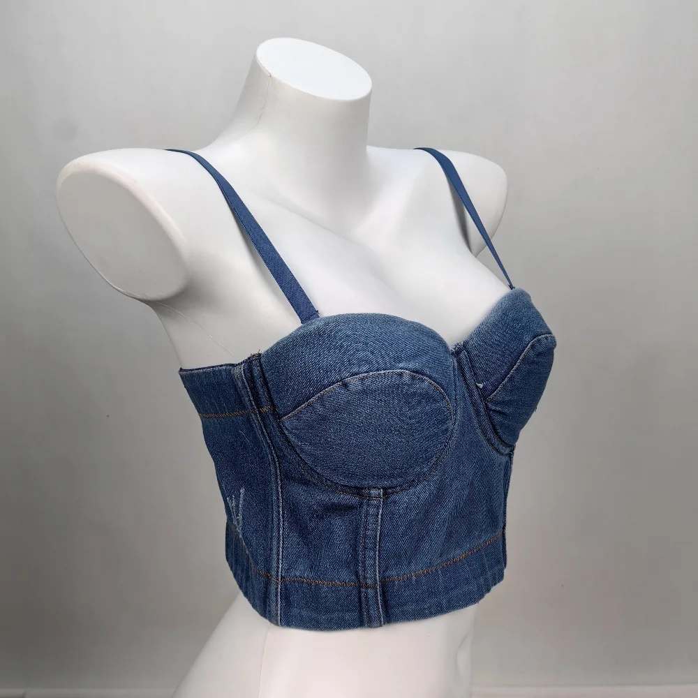 

Fashion Nightclub Sexy Summer Denim Camisole Women's Beauty Back Underwear Outer Wear Fishbone Shaping Top All-Match Disco Tube