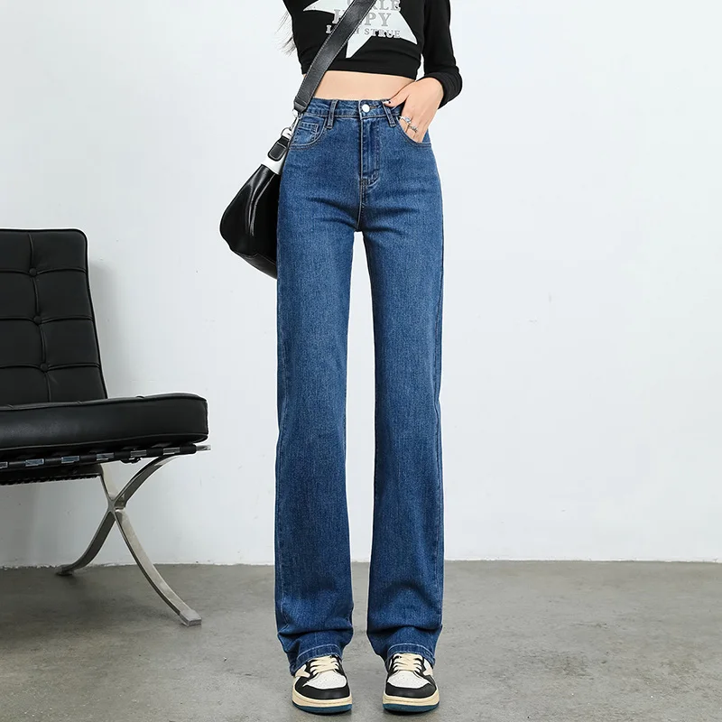 Womens Straight Jeans Adjust Elastic High Waist Vintage Denim Pants Leisure Streetwear Style Fashion Loose Wide Leg Trousers