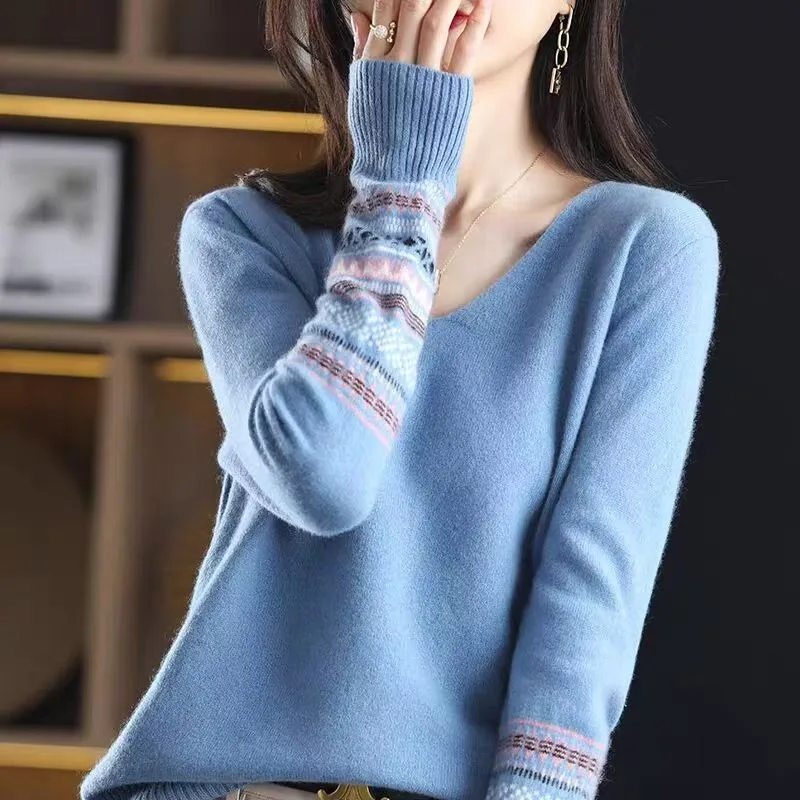 

Осень-зима, новые лоскутные свитера с v-образным вырезом и длинными рукавами, женская одежда, повседневные свободные универсальные вязаные пуловеры, женские элегантные топы