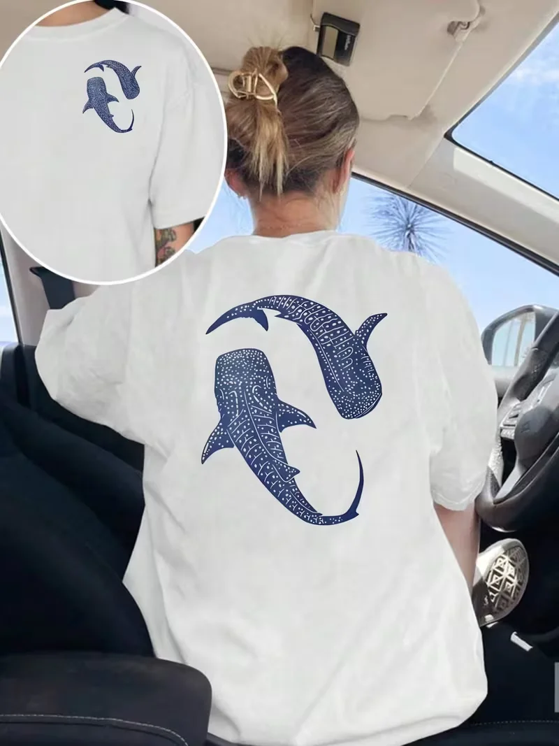 Whale Shark Coral Graphic T-Shirt, Ocean Marine Life Print Crew Neck Short Sleeve Top ,Summer Daily Fashion Tee Commute Travel