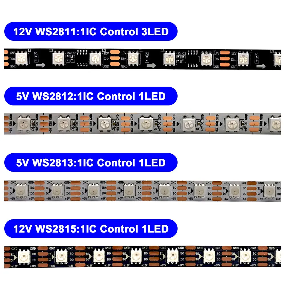 1m-5m DC5V WS2812B WS2813 DC12V WS2811 WS2815 Led Strip Light Individually Addressable Smart RGB Tape 30/60/144Pixel Waterproof