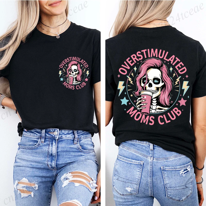 Women Overstimulated Moms Club Funny Skeleton Graphic T Shirt Vintage Y2K Streetwear Short Sleeve Casual Mom Life Tee Tops Gift
