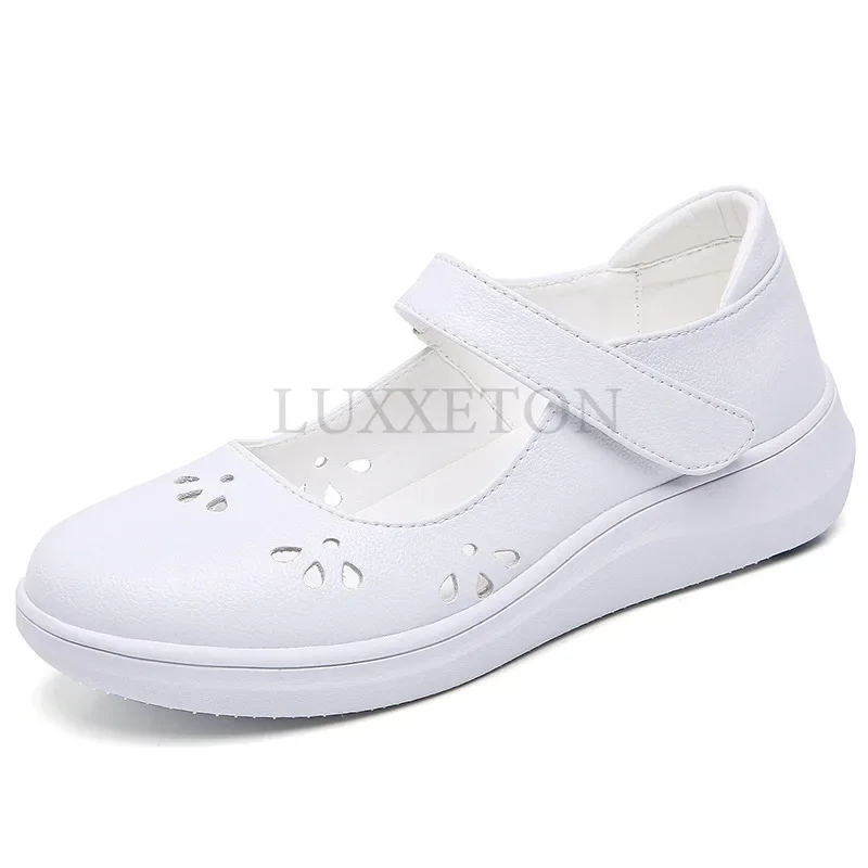 Genuine Leather Nurse Shoes for Women Comfortable Soft Sole Flat Sole Lightweight and Breathable Sloping Heel Small White Shoes