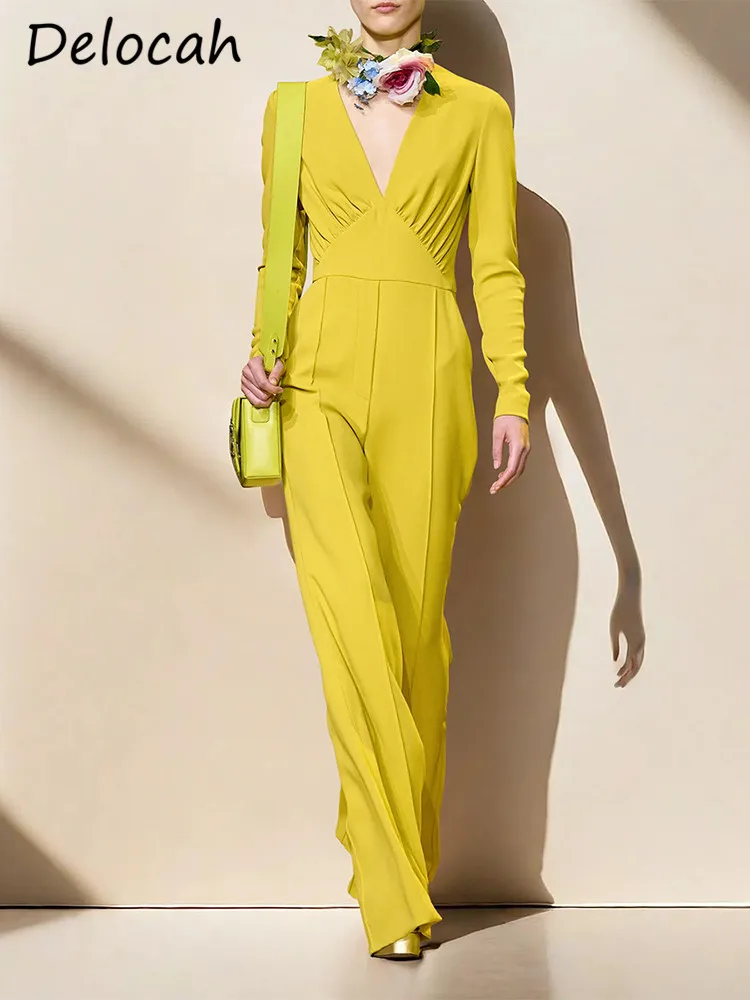 

Delocah Senior Sense French Yellow Jumpsuit Holiday Elegant V-neck Wide-leg Jumpsuit Spring Summer New 2024 Women Long Dress