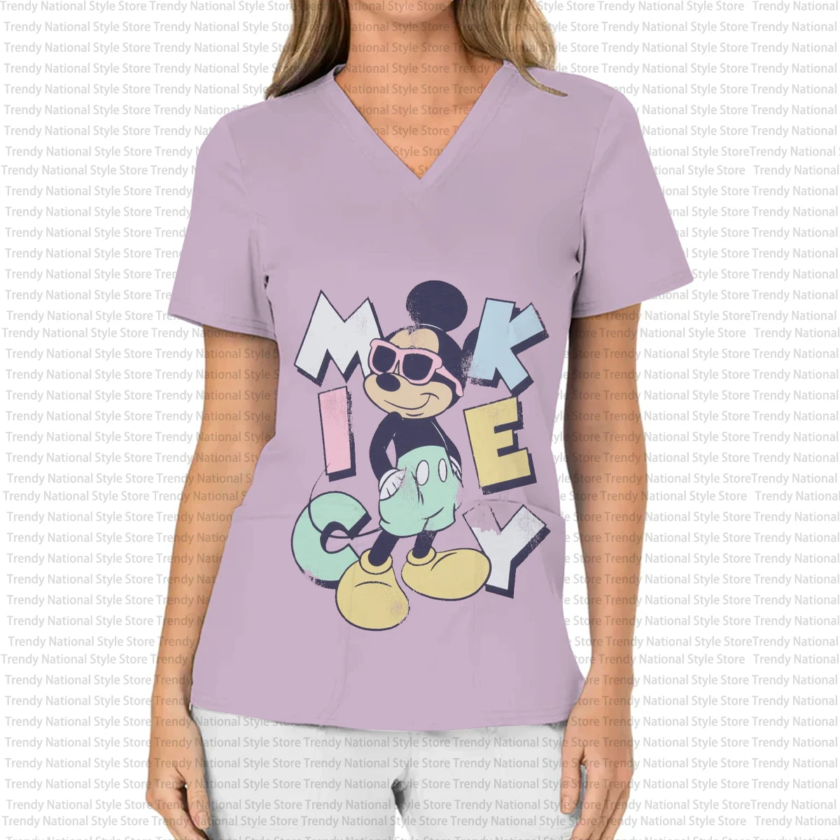 Disney Mickey en Minnie Mouse print V-hals zak matte top, medische dames verpleegster werkuniform, schoonheidssalon T-shirt