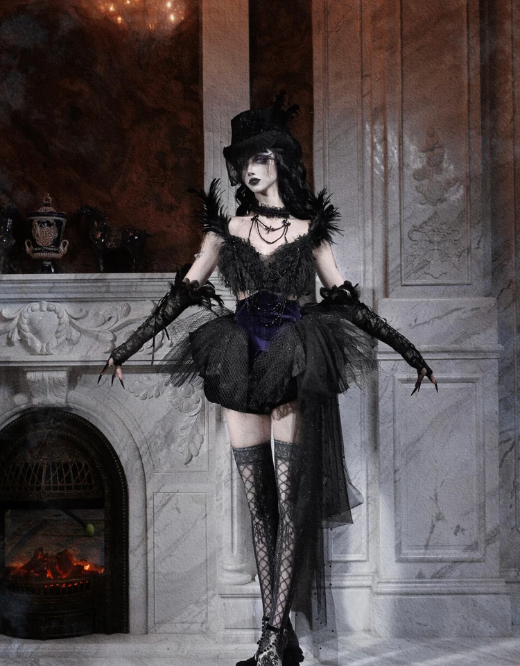 Mini robe d'halloween pour femmes, gothique, cour foncée, queue de plumes françaises, ensemble short en velours, robes de princesse Lolita