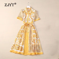 ZJYT Runway Fashion Womens Shirt Dress 2024 Summer Clothes Short Sleeve Single Breasted Vintage Casual Dresses Yellow Vestidos