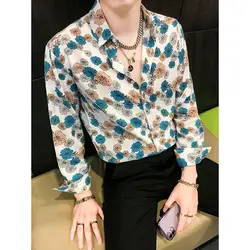 Turn-down Collar Loose Button Long Sleeve Spring Summer Printing Floral Fashion Casual Man Shirts Premium Men's Clothing Thin