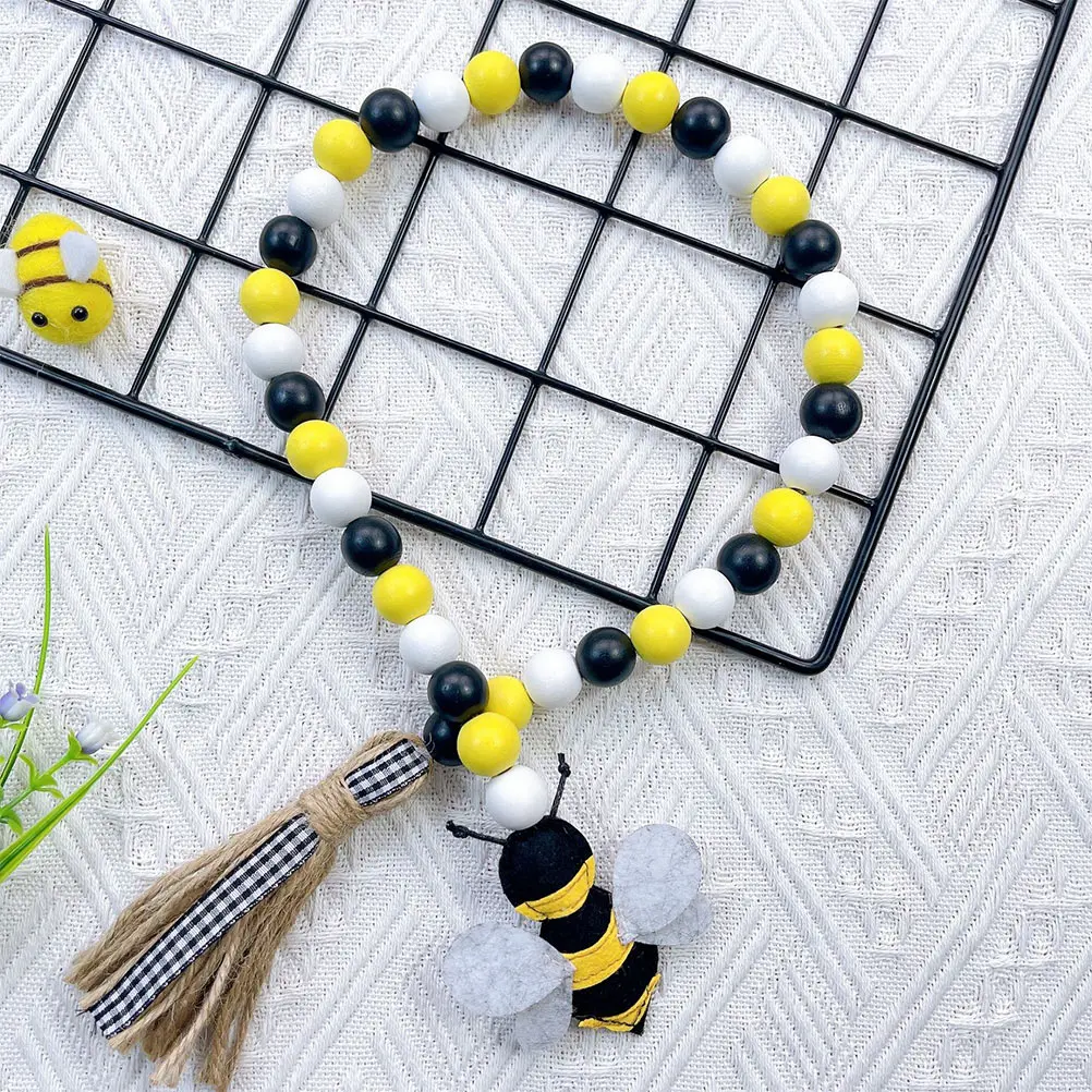 

Bee Wooden Beads Rope Decor Hanging Adorn Farmhouse Ornament Rustic Garlands Decoration Rosary with Tassel