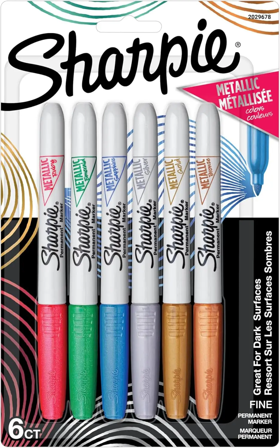 

Metallic Permanent Markers, Fine Tip, Assorted Colors, 6 Count - Quick Drying for Dark Surfaces
