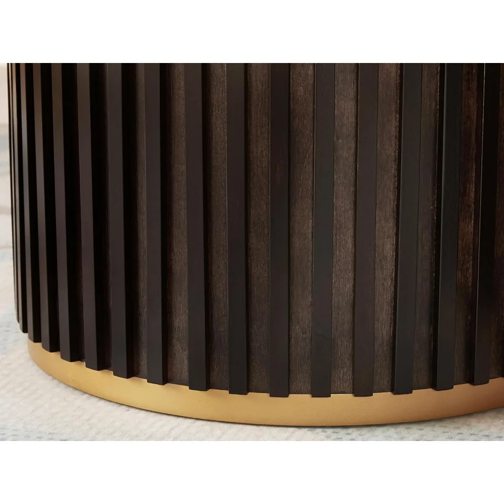 Round Wood End Table with Marble Lid ＆ Hidden Storage, Modern Handcraft Drum End Table, Circle Wooden Ends Tables for Apartment