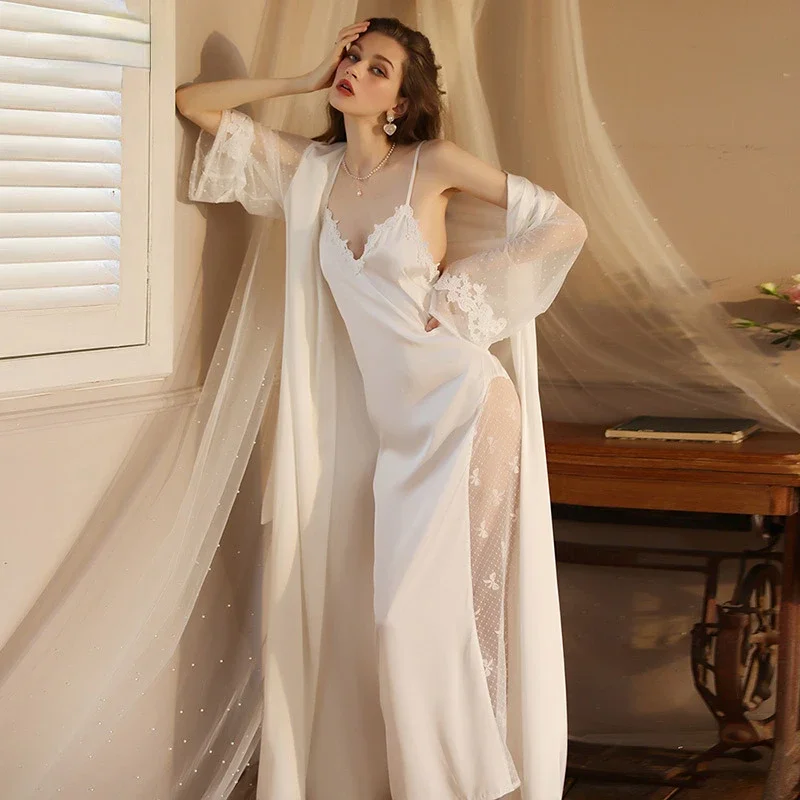 Sexy Silks Long Bathrobe Pajamas Women Nightgown Sets Robe Cardigan Luxury Night Gowns Loungewear High Quality Home Wear New