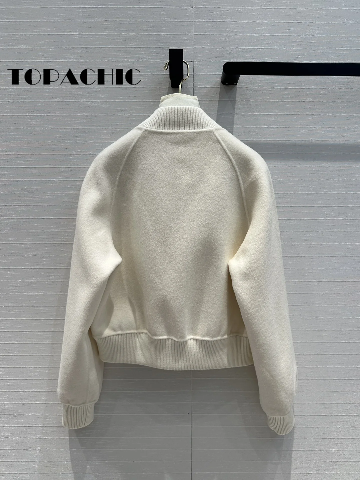 7.24 TOPACHIC-FemaleTemperament Double-Side Cashmere Jacket Ribbed Spliced Stand Collar Big Pocket Zipper Short Outerwear