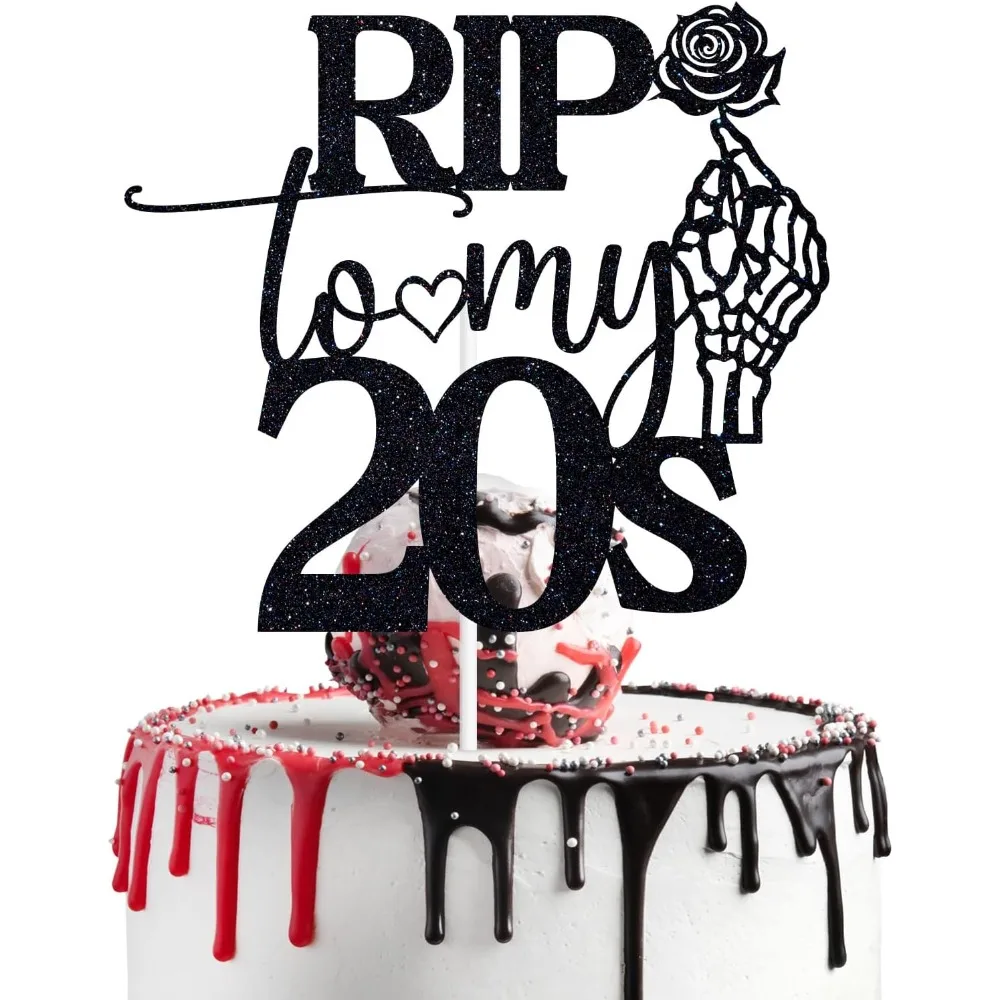 Schwarzer Glitzer-Kuchenaufsatz „Rip to My 20s“, „Cheers to 30 Years Death to My Twenties“ – Detail 1