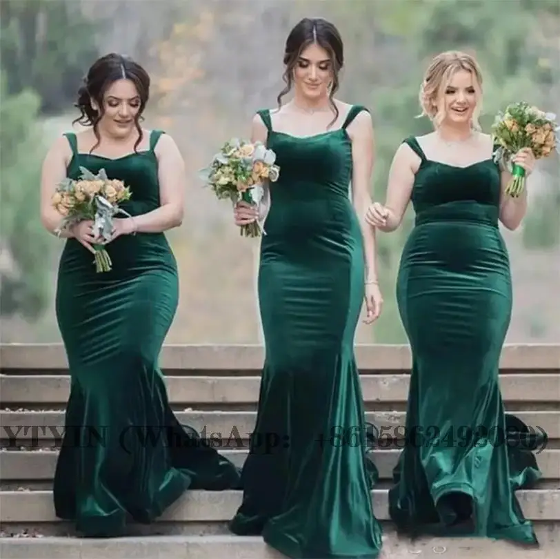 

Emerald Green Mermaid Bridesmaid Velvet robes de demoiselle d'honneur Spaghetti Strap Formal Evening Gown for Wedding Guest