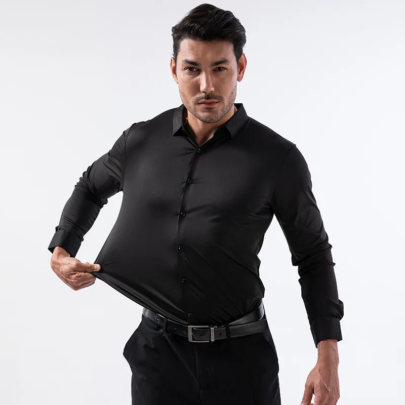 Men Shirt High Elastic Seamless Long Sleeve Muscle Sports Plus Size European Size No Ironing Business Workwear Casual