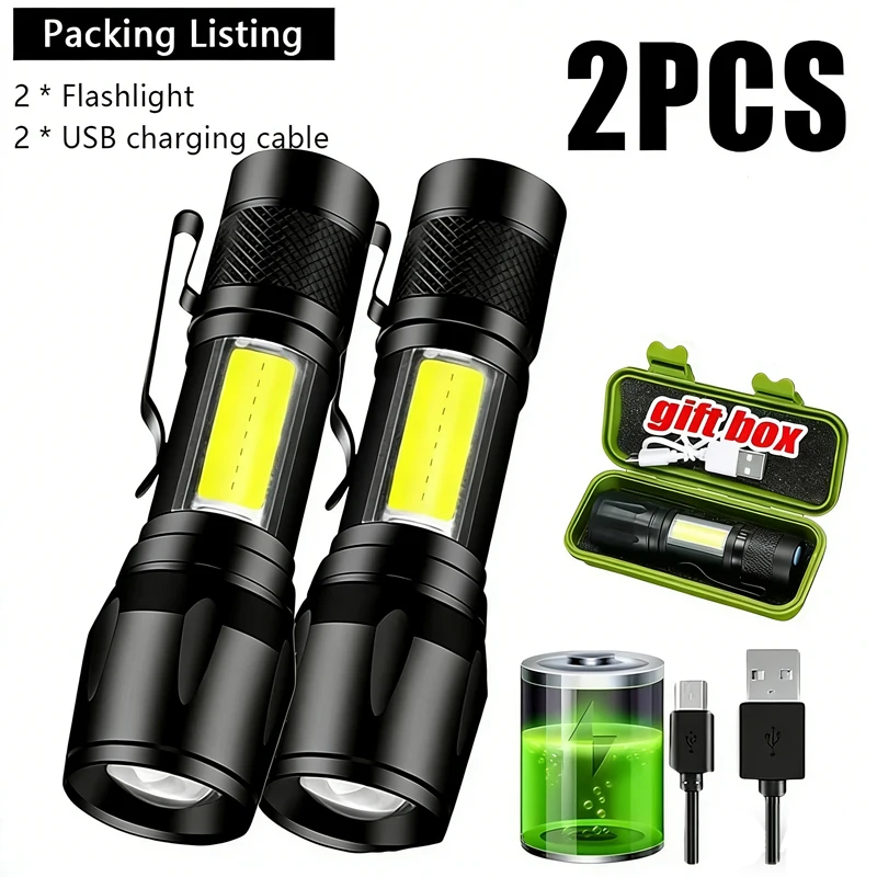 Powerful Mini LED Flashlight COB XPE Zoom Torch Built In Battery USB Rechargeable With Pen Clip Outdoor Camping Emergency Lamp