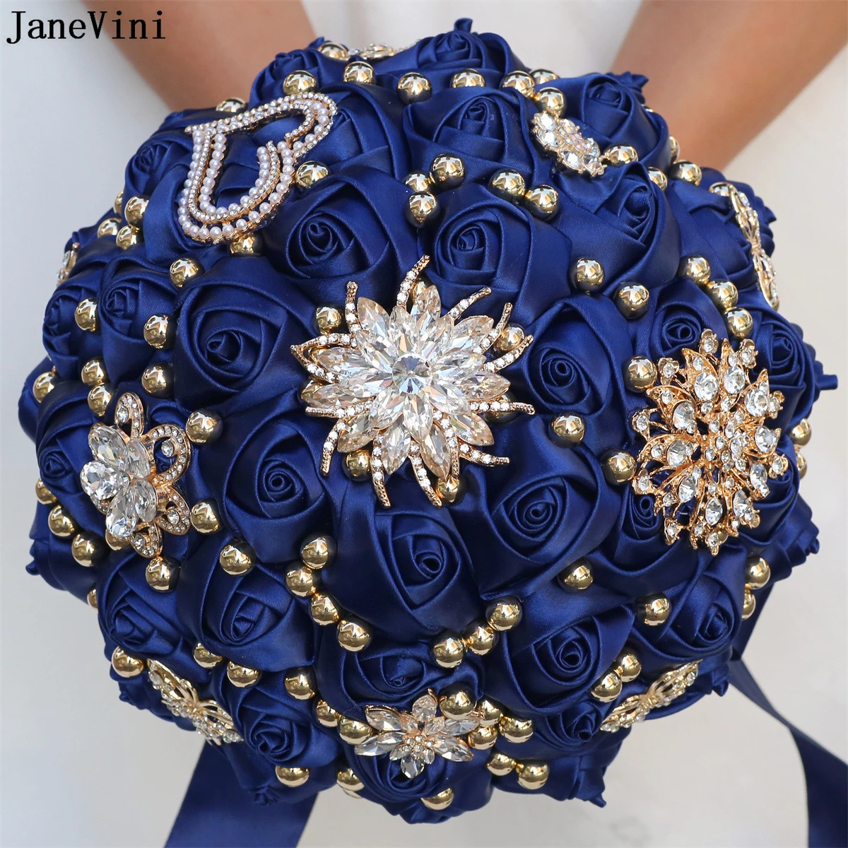 Janevini buquê de noiva com pérolas douradas brilhantes, azul marinho, rosas artificiais de cetim, cristais, buquê de flores de noiva, acessórios de casamento