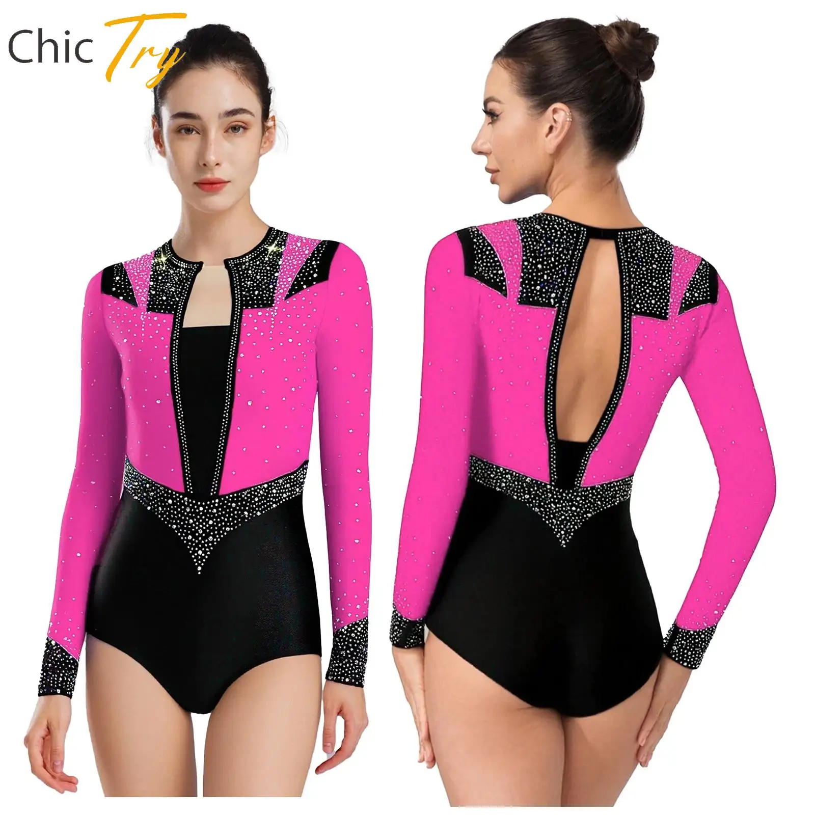 

Womens Long Sleeve Gymnastics Leotard Bodysuit Shiny Rhinestones Ballet Dance Figure Skating Dancewear for Stage Practice Party