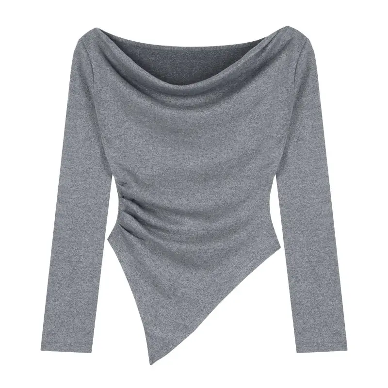 Slash-neck T-shirt Women Based Long-sleeves Asymmetrical Off Shoulder Hot Slim Solid Simple Ladies Korean-style Elegant Trendy