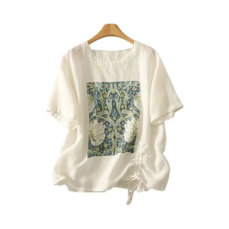 

Spring and Summer Fashion Leisure Design Drawstring Flower Print Cotton Linen Women's Plus Size Short Sleeve Commuter Top