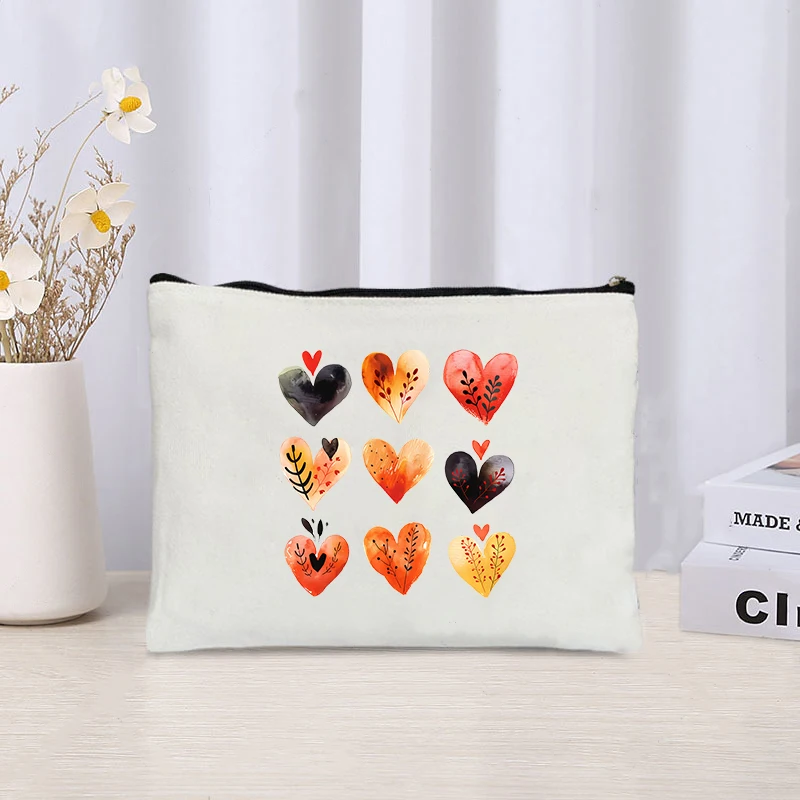 Colorful Love Canvas Cosmetic Bag Sundries Storage Zipper Pouch Travel Office Supplies Pencil Case Perfume Lipstick Make Up Bags