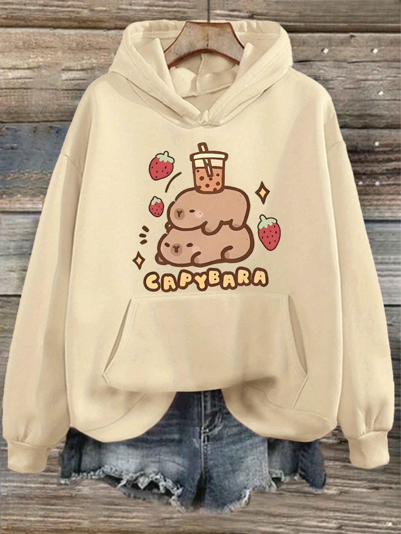 

Милая толстовка с капюшоном с рисунком клубники и капибары для женщин, осень-зима 2025, топы с длинными рукавами, толстовка, одежда