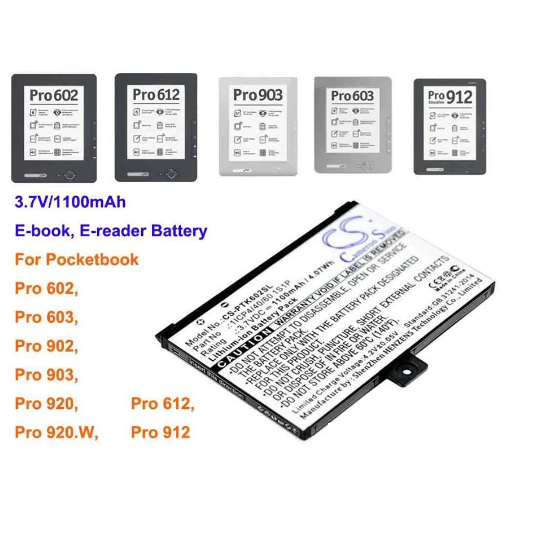 

Cameron Sino 1100mAh E-reader Battery for Pocketbook Pro 602, Pro 603, Pro 612, Pro 902, Pro 903, Pro 912, Pro 920, Pro 920.W