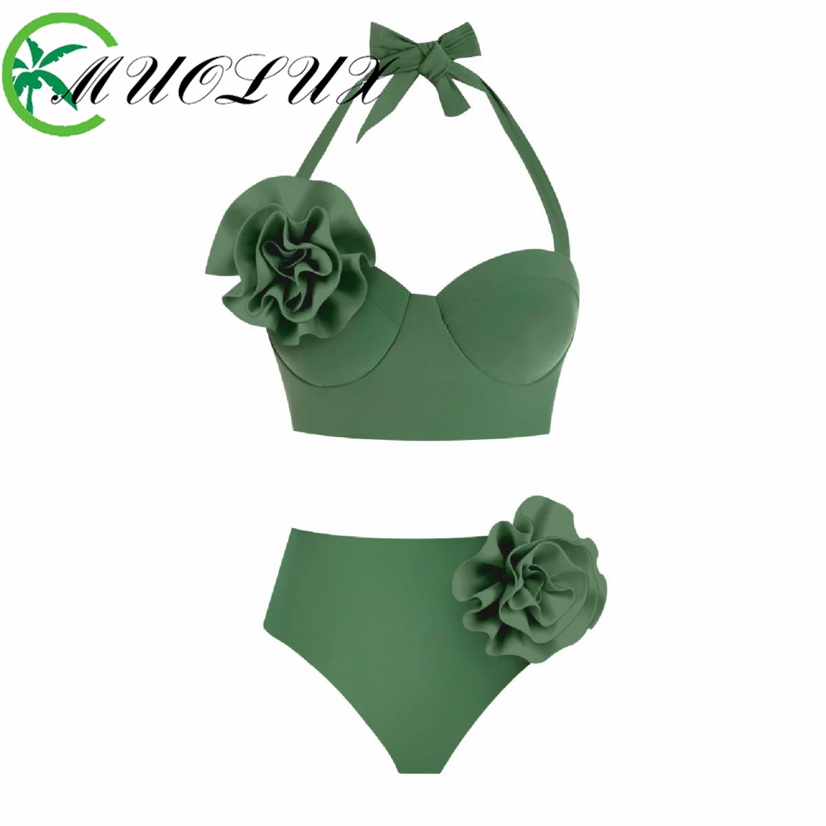 MUOLUX 2024 Summer New High Waist 3D Flowers Solid Color Bikini Neck Strap Skirt Split Swimsuit Beach Sexy Women's Swimwear