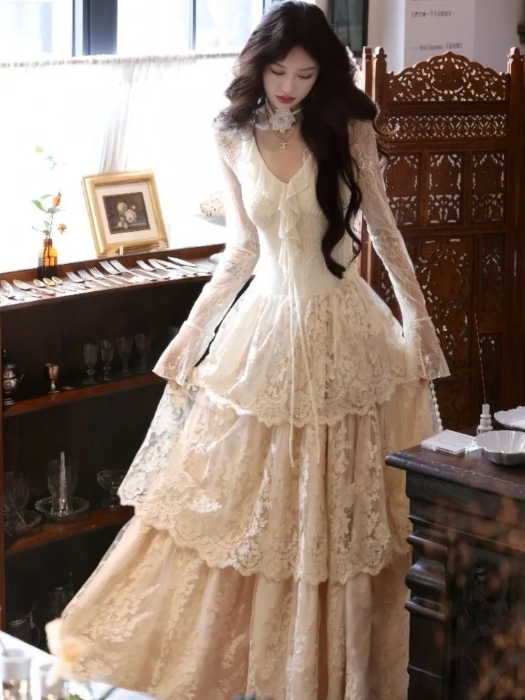 

Autumn Women Elegant Lace Patchworke Midi Dress Long Sleeve Vintage Party Prom Vestidos Female Clothing Female Birthday Clothes