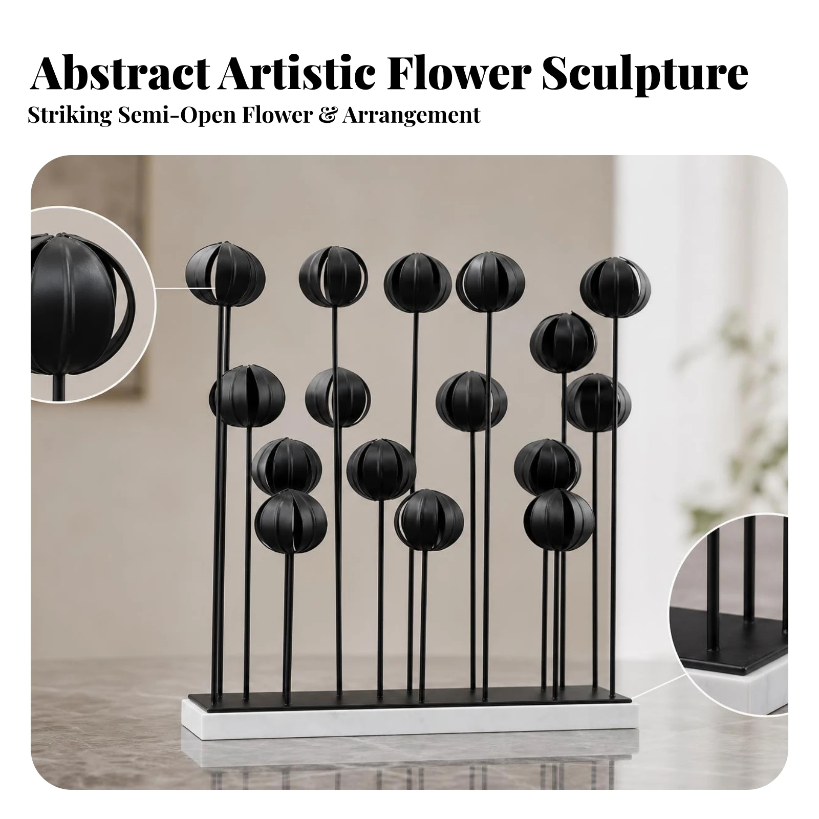 Flower-Cluster Sculpture Layered Metal Flower Sculpture Tabletop Ornament Black Stems Floor Ornament Modern for Home, Model Room