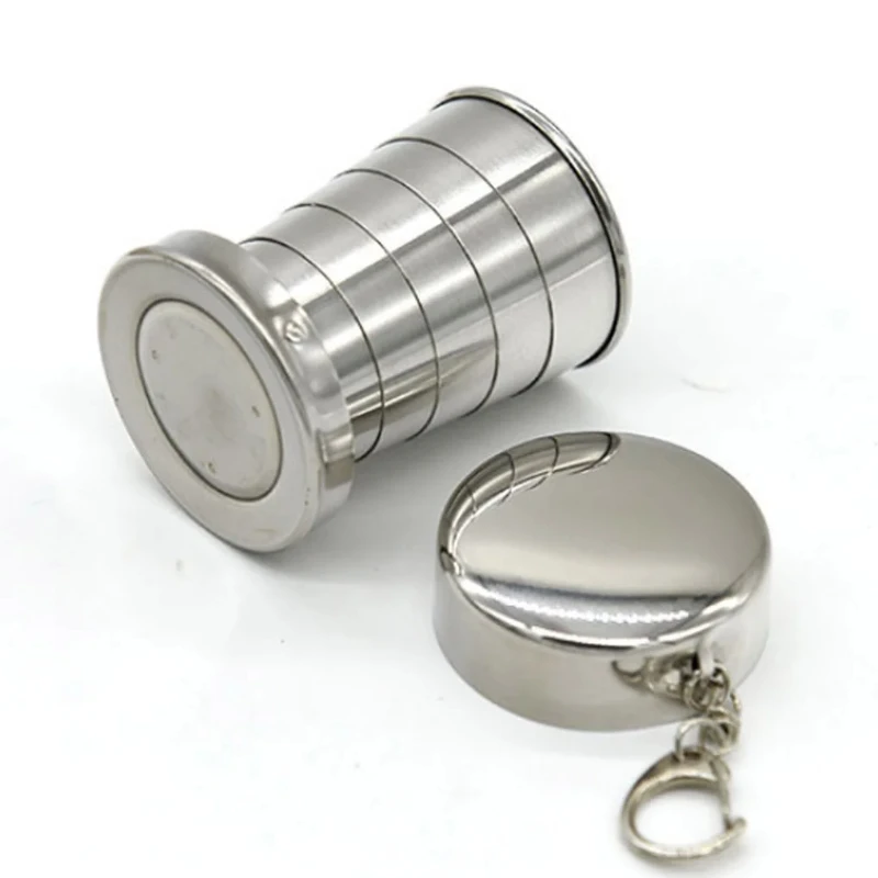 1Pc 75ML Stainless Steel Folding Cup Keychain Stainless Steel Folding Retractable Cup Teacups Teaware Folding Glass 3