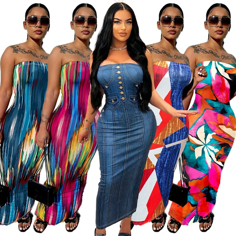 Lange Jurken Vrouwen Print Slim Fit Strapless Elegante Wrap Hip Jurk Schede Gesplitst Casual Mouwloze Vestidos Lady Backless 2025