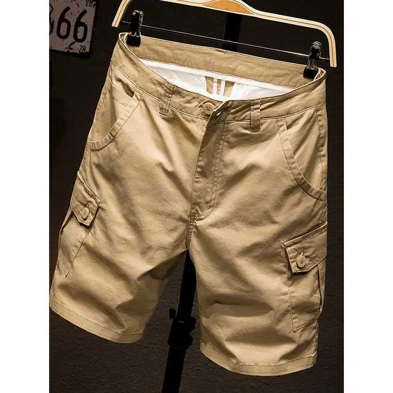 

Loose Fit Summer Khaki Workwear orts Men's Trendy Outdoor Paratrooper Pants American Casual Five-Quarter Length Middle Waist