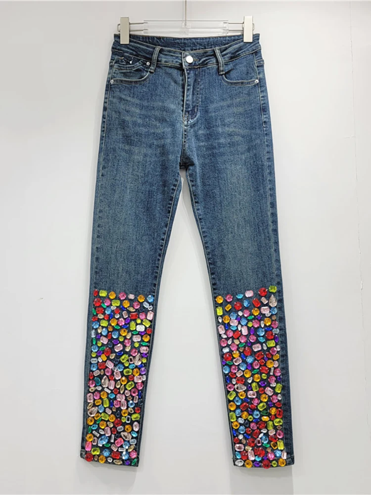 DEAT Women's Jeans High Waist Slim Colorful Diamonds Crystal Beading Stretch Denim Pencil Pants 2025 Spring New Fashion 29L9586