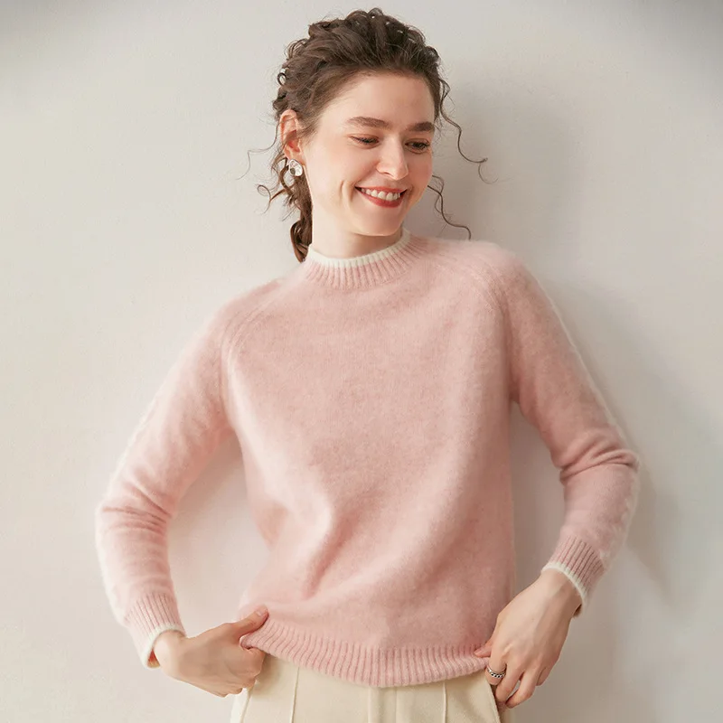 

Утолщенный удобный мягкий кашемировый пуловер с семью иглами, женский вязаный базовый свитер с круглым вырезом и цветными блоками, короткий свитер с длинными рукавами