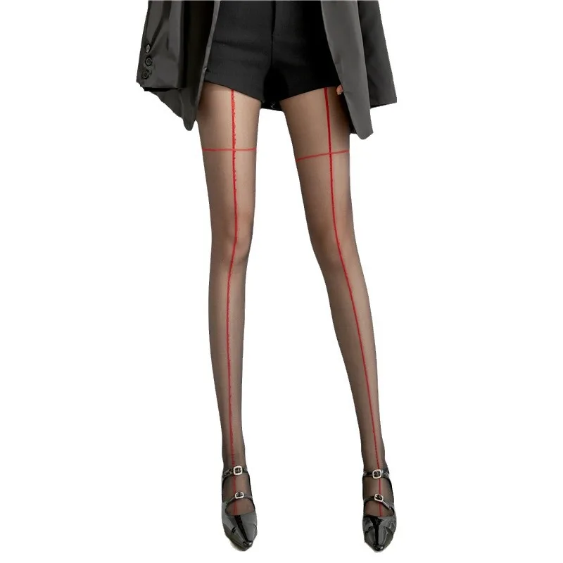 Sexy Vrouwen Panty Rode Kruis Kousen Ultra-Dunne Anti-Haak Zijden Panty Vrouwelijke Schoonheid Benen Zwarte Zijden Verticale Lijn Kousen