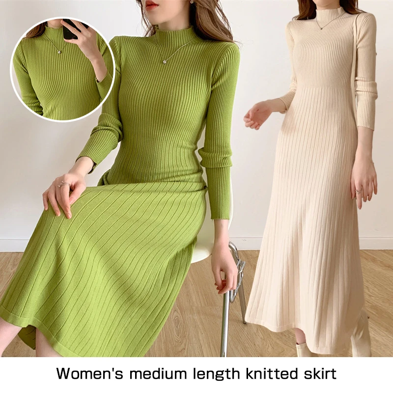 

Women Autumn Winter Knitted Dress Half High Collar Elegant Long Sleeve Party Dress Sweater Slim Vintage Basic Knit Midi Dresses