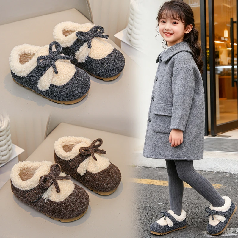 

2025 Outdoor Fashion Kids Girls Winter Bowknot Cotton Shoes Soft Bottom Shoes Warm Causal Children's Plush Shoes