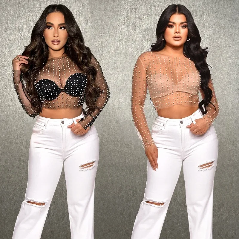 Women Sexy Mesh See Through T Shirt Shiny Rhinestone Fishnet Hollow Out Crop Top Long Sleeve Beach Cover Up Party Club Tank Tops