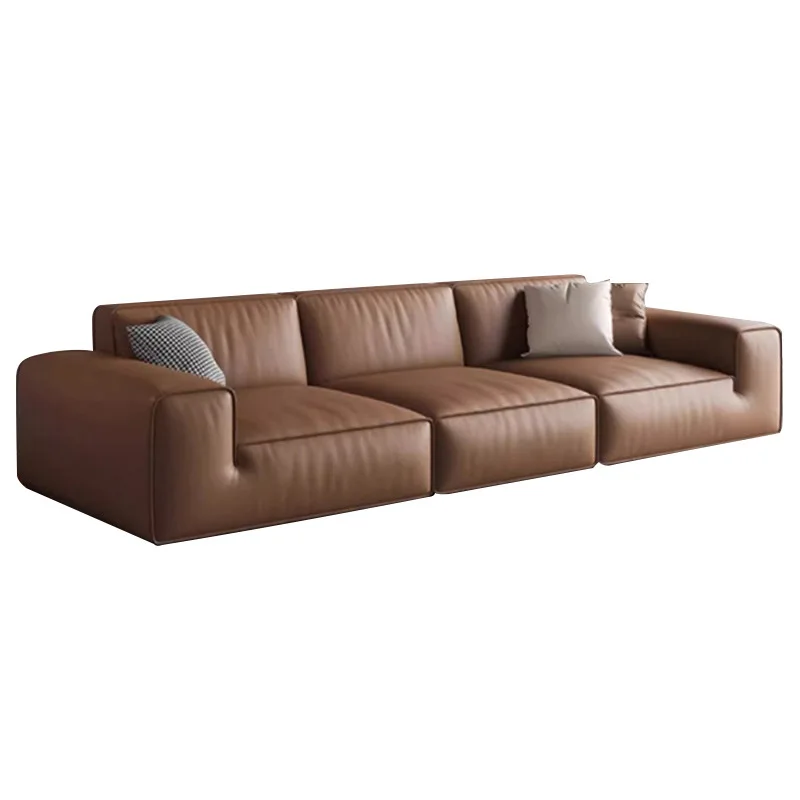 

Modern simple tofu block big black cow first-layer leather sofa living room small apartment scratch-resistant and comfortable