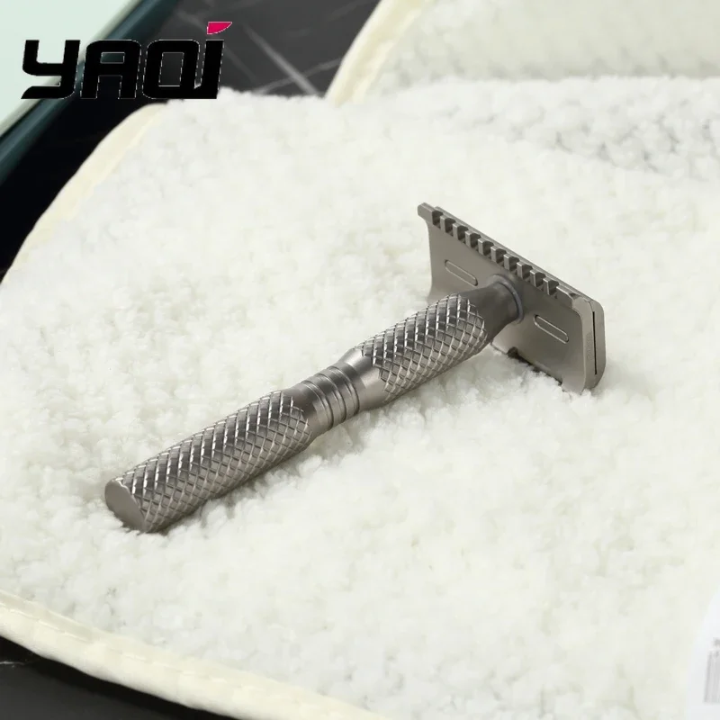 YAQI Ghost 90DC Cross Grain Pattern Titanium Light Weight Safety Razor- for Precision Shaving, Barber-Luxury Grooming Essentials