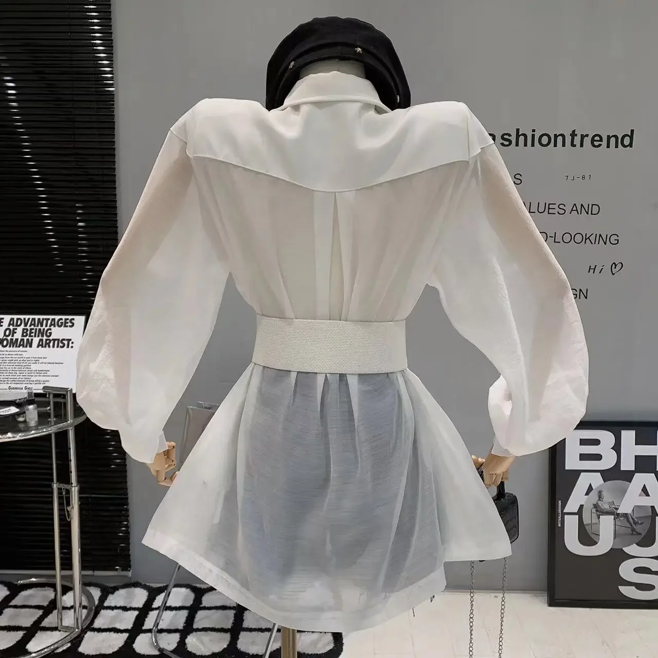 Korean Fashion Mesh Blouse Women Summer Autumn Long Sleeve See Through White Shirt With Belt Vintage Loose Tops E2168