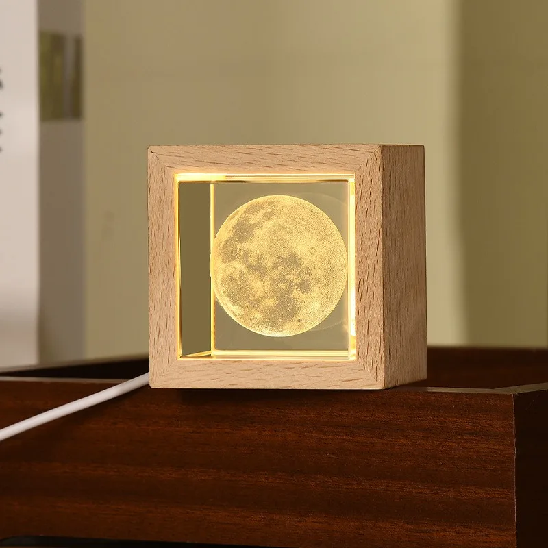 Creative Solar System Crystal Night Light Square Wood Carving Bedside Lamp Girlfriend Child Christmas Gift Bedroom Decoration