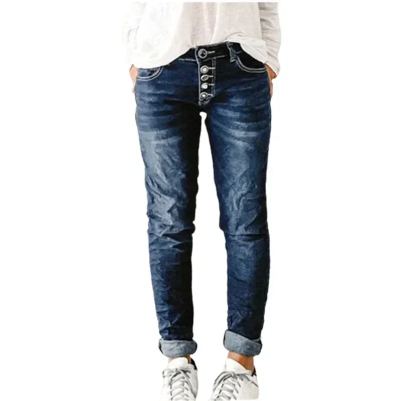 Pantalones vaqueros Vintage de cintura media con una hilera de botones para mujer, pantalones vaqueros informales para ir al trabajo, Pantalones rectos azules blanqueados lavables a la moda para mujer