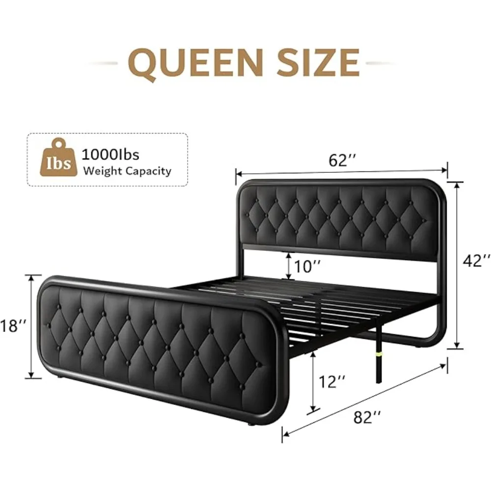 Queen Size Metal Bed Frame with Leather Headboard, Heavy-Duty Platform Bed Frame, Thicker Metal Steel Slats Support