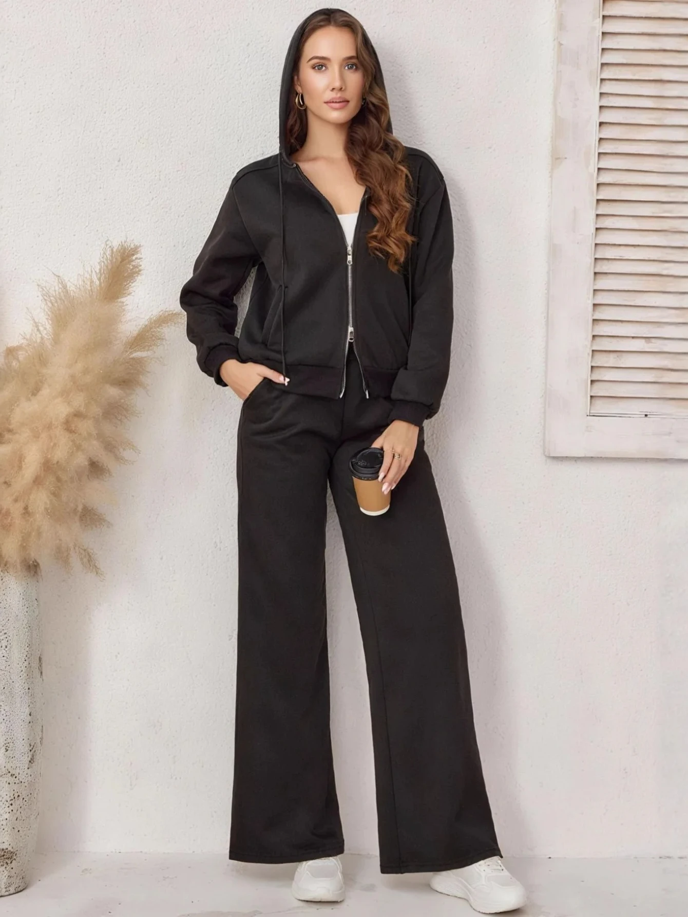 

Black Fleece Lined Hooded Double Zipper Women's Casual Set Autumn Winter Slim Fit Long Pants Two Piece Suit