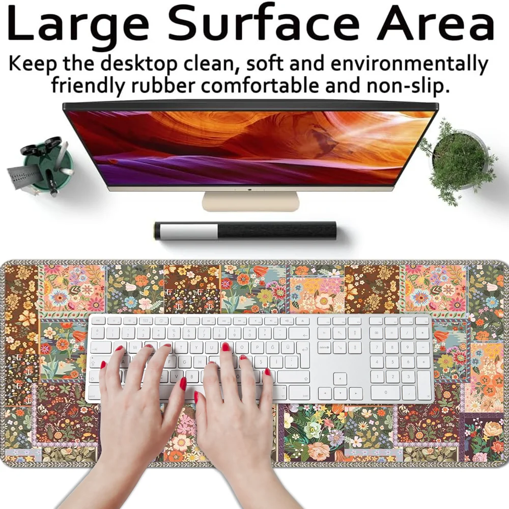 Vintage Flower Mouse Pad Aesthetic Desk Accessories Desk Pad Rubber Base with Stitched Edge Mousepad Non-Slip Deskpad for Office