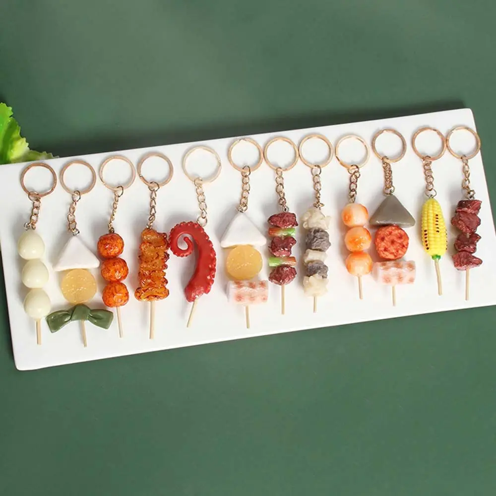 1Pc Mini Simulation BBQ Food Keychain Resin Oden Corn Squid Key Chain Restaurant Client Gift Chef Cook Keyring Jewelry