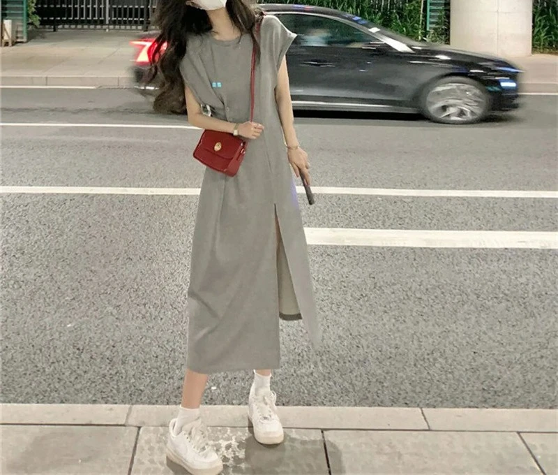 

Grey Split-ended T-shirt Dress Summer Design Sense Niche Waist Slim-fitting Short-sleeved Casual Long Dress